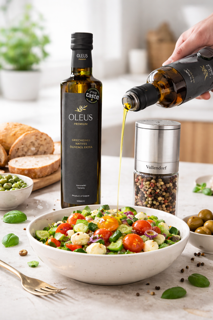 Olivenöl & Gewürzmühle Set – Extra Natives Olivenöl 500 ml aus Griechenland + Edelstahl Gewürzmühle