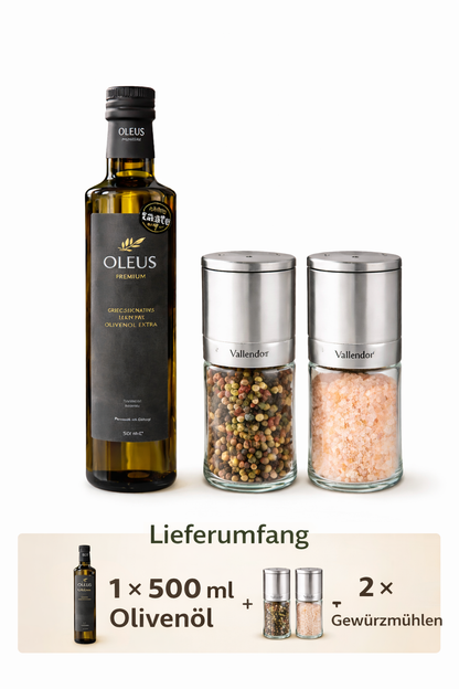 Olivenöl & Gewürzmühle Set – Extra Natives Olivenöl 500 ml aus Griechenland + Edelstahl Gewürzmühle