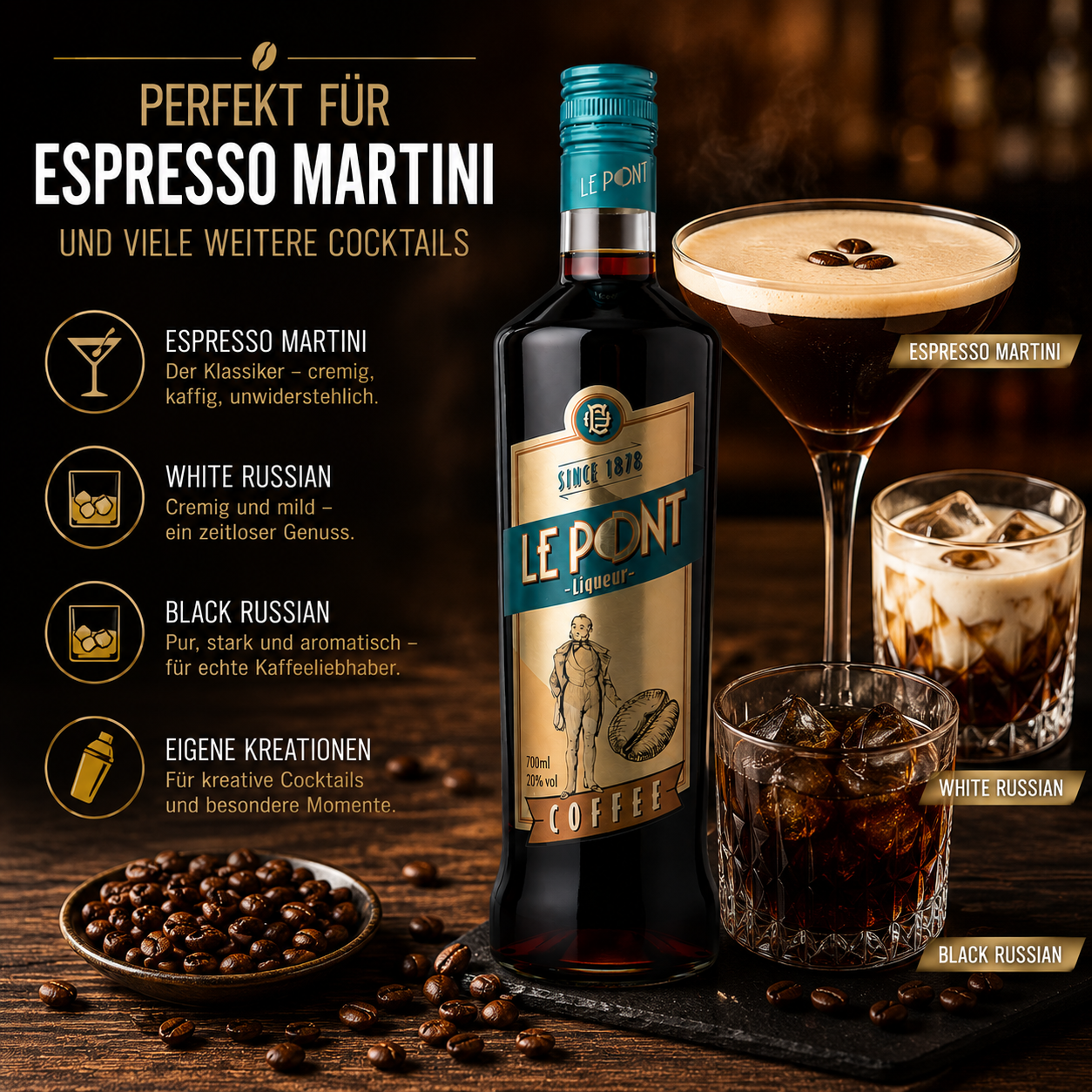 Le Pont Kaffelikör 700ml – Hochwertiger Kaffeelikör für Espresso Martini & edle Cocktails | Vollmundig & aromatisch