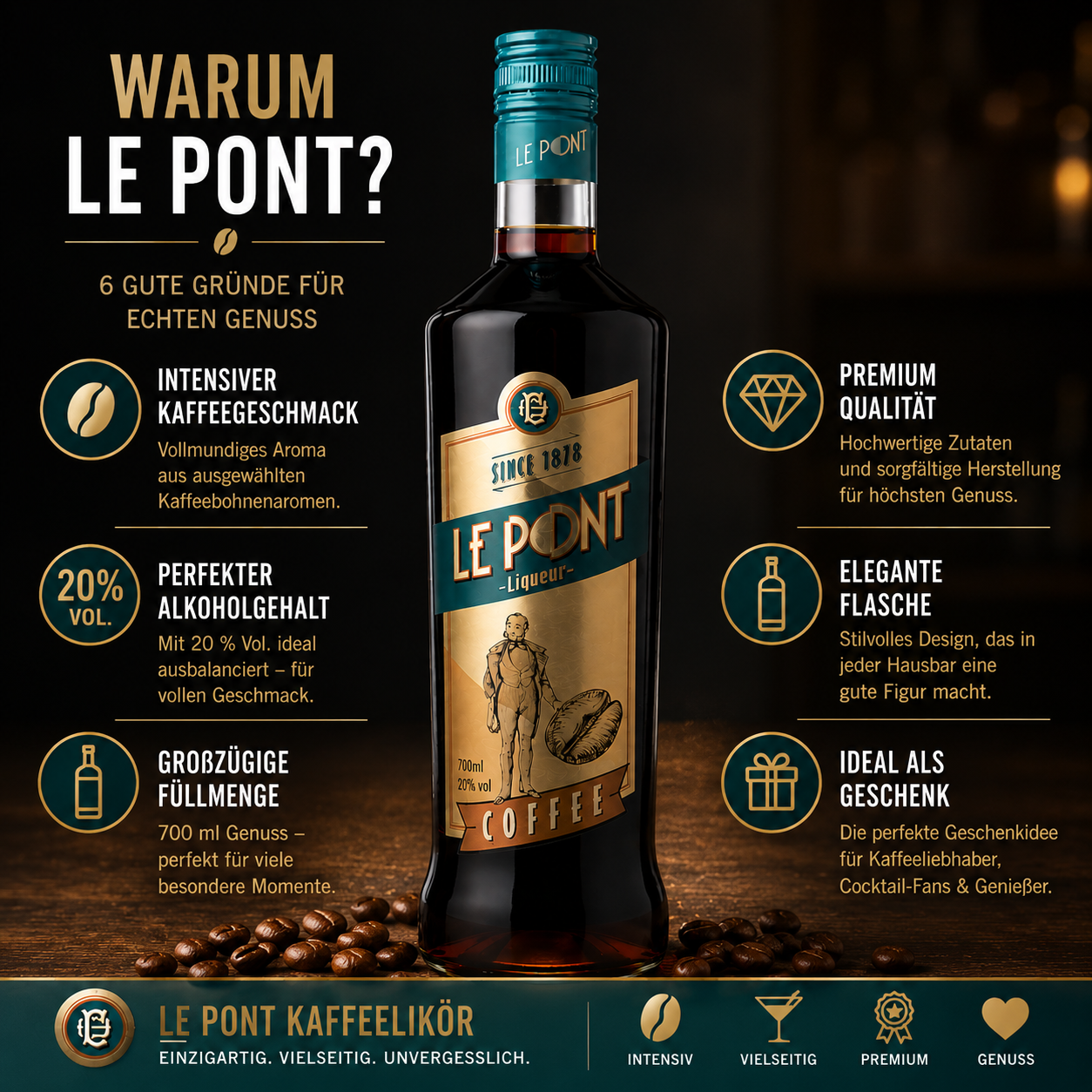 Le Pont Kaffelikör 700ml – Hochwertiger Kaffeelikör für Espresso Martini & edle Cocktails | Vollmundig & aromatisch