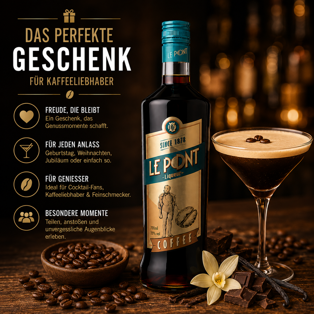 Le Pont Kaffelikör 700ml – Hochwertiger Kaffeelikör für Espresso Martini & edle Cocktails | Vollmundig & aromatisch