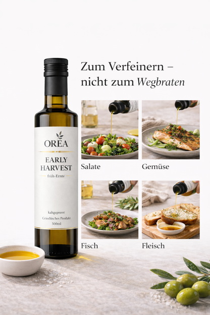 OREA Early Harvest Natives Olivenöl Extra – polyphenolreich, intensiver Geschmack, Olivenöl zum Verzehr, ohne Künstliche Zusätze – 500 ml 📦 Versand ab 01.03.26