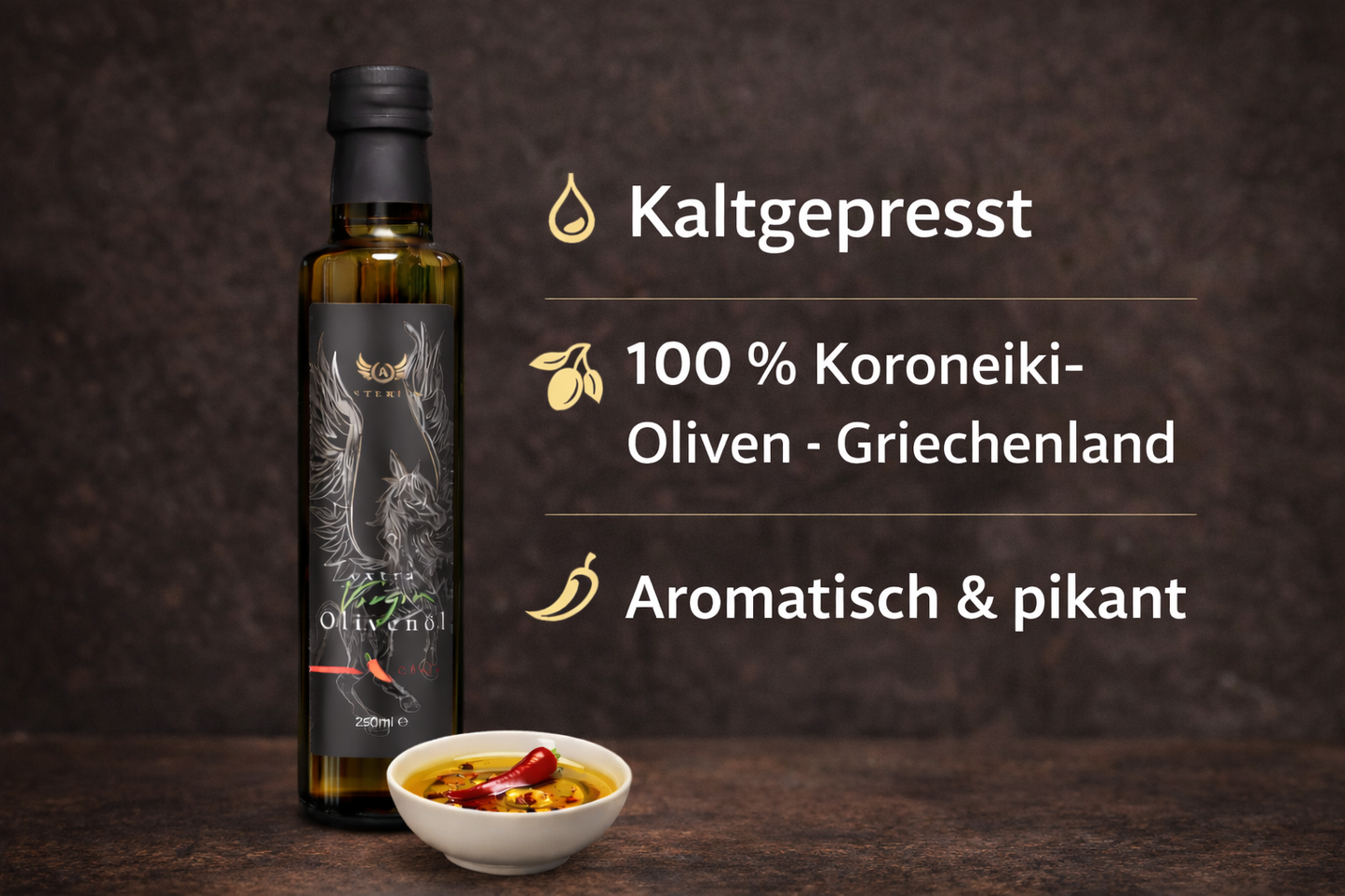 Asterius Würzöl Chili – Kaltgepresstes Olivenöl Extra Nativ, 250ml | Limitierte Menge 🍃Mindestens bis 09/26 haltbar