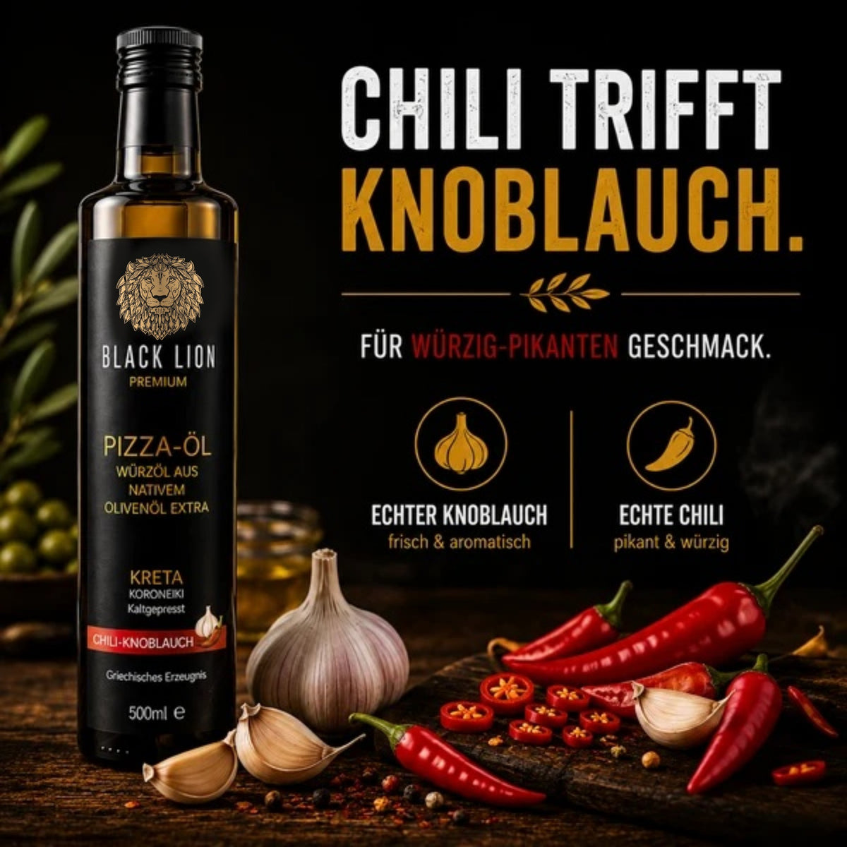 Black Lion Premium Pizzaöl Chili-Knoblauch – Natives Olivenöl Extra – 500 ml