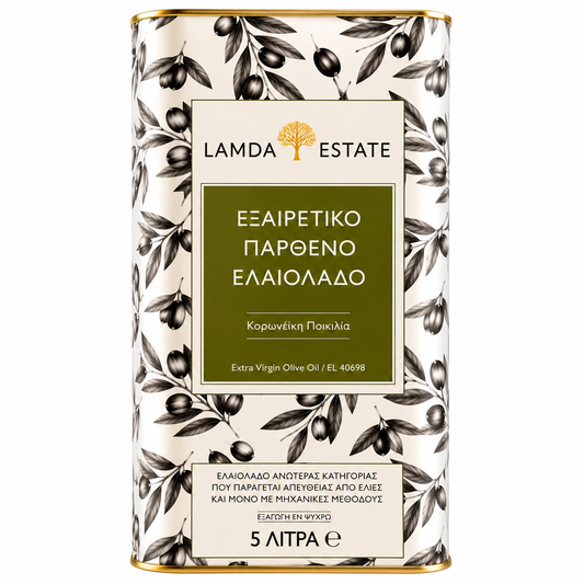 Lamda Estate Griechisches Olivenöl 5 L – Extra Nativ – 100 % Koroneiki – Kaltgepresst aus dem Peloponnes