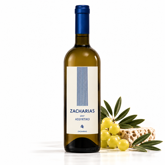 Zacharias Assyrtiko – griechischer Weißwein trocken 750 ml mit Trauben und Olivenzweigen
