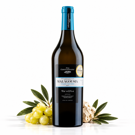 Gerovassiliou Malagousia – griechischer Weißwein trocken 750 ml mit Trauben und Olivenzweigen