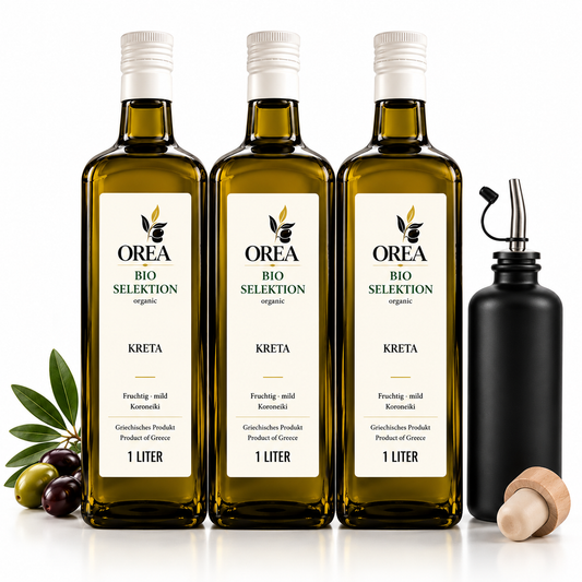 OREA Bio Olivenöl Extra Nativ aus Kreta – 3 x 1L (Ernte 2025/26) inkl. Premium Dosierflasche & Edelstahl-Ausgießer | frisch abgefüllt