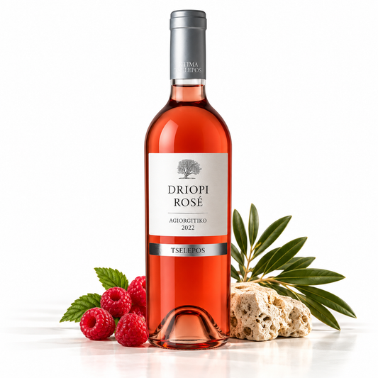 Tselepos Driopi Rosé – griechischer Roséwein aus Agiorgitiko 750 ml mit Himbeeren, Olivenzweigen und Naturstein