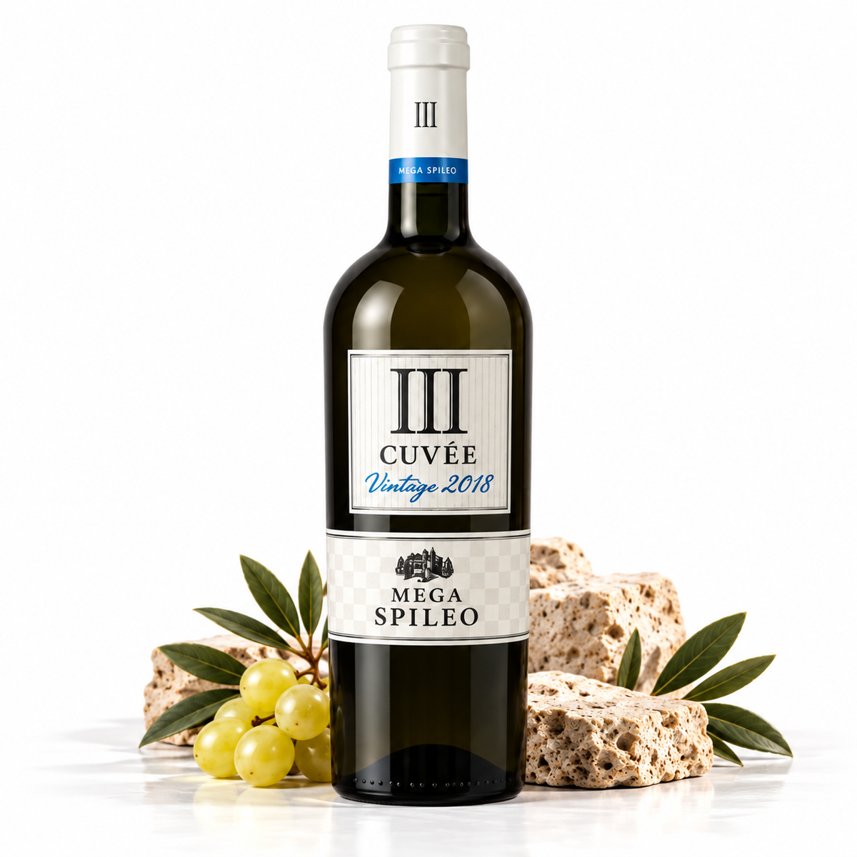 Mega Spileo III Cuvée – griechischer Weißwein 750 ml mit Weintrauben, Olivenzweigen und Natursteinen