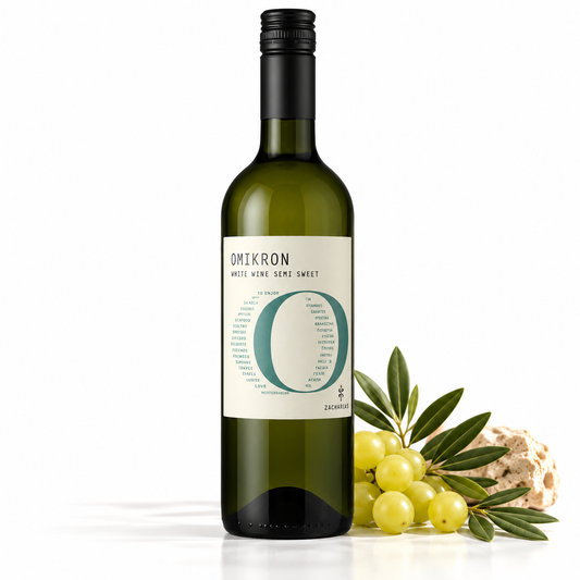 OMIKRON Imiglykos – griechischer Weißwein lieblich 750 ml mit Weintrauben und Olivenzweigen