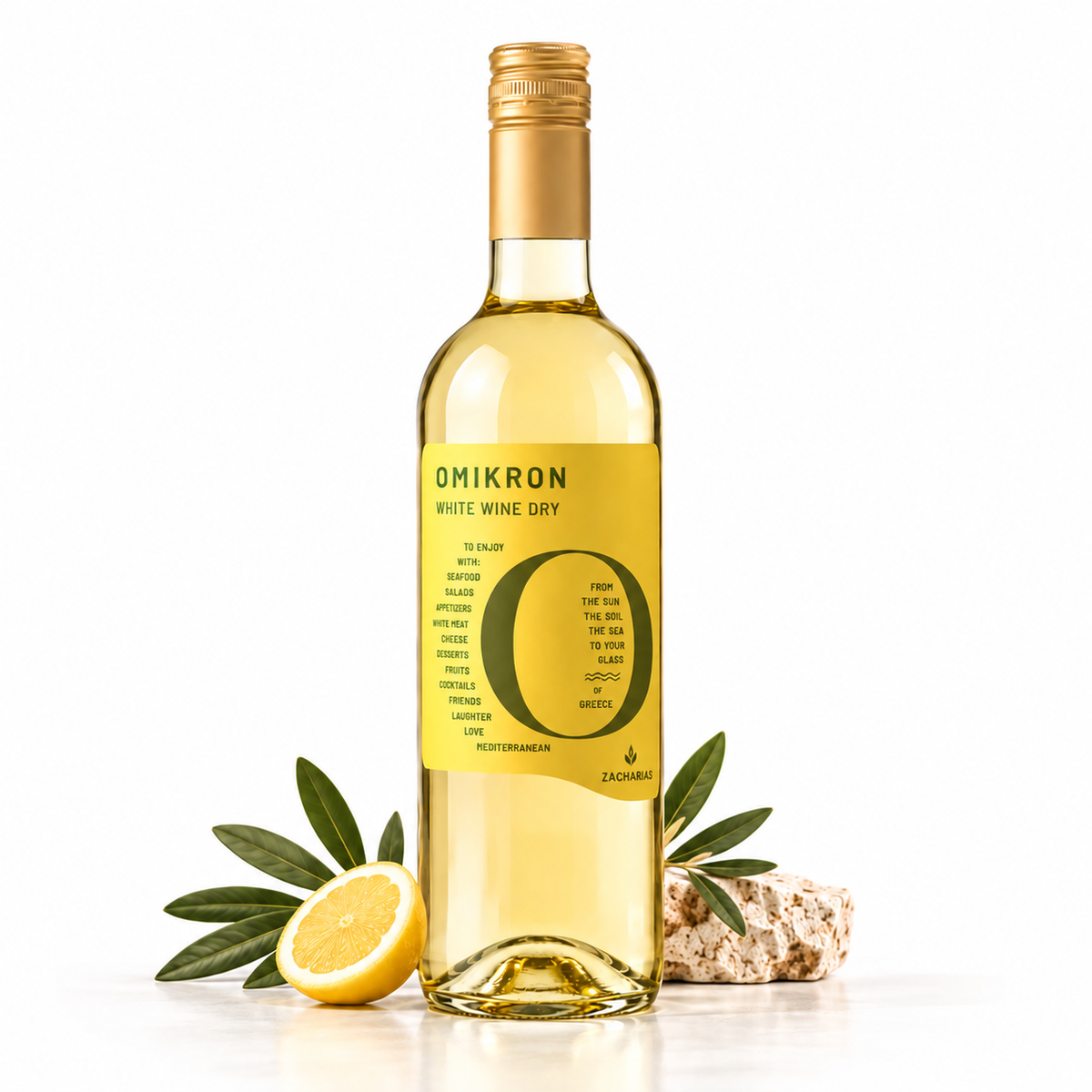 OMIKRON Retsina – griechischer Weißwein geharzt 750 ml mit Zitrone, Olivenzweigen und mediterraner Dekoration