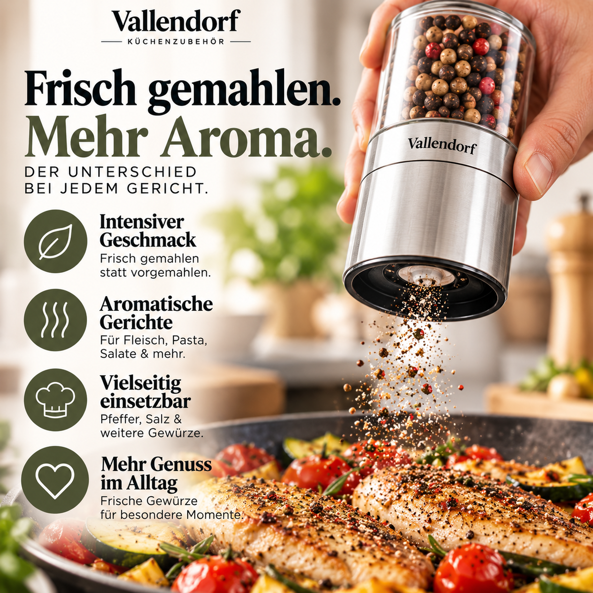 Vallendorf -Salz- & Pfeffermühle im Set – 2in1 Edelstahl Gewürzmühlen mit Keramikmahlwerk, stufenlos & nachfüllbar – Hochwertiges Geschenk