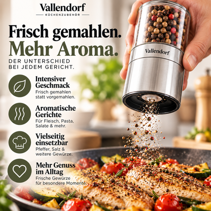 Vallendorf -Salz- & Pfeffermühle im Set – 2in1 Edelstahl Gewürzmühlen mit Keramikmahlwerk, stufenlos & nachfüllbar – Hochwertiges Geschenk