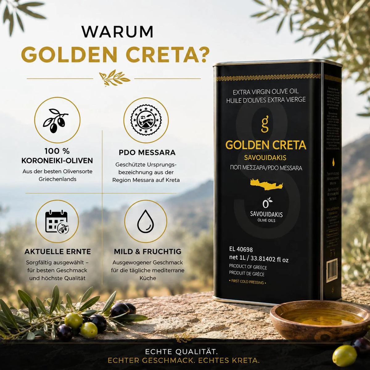 Golden Creta, natives Olivenöl extra aus Kreta 1 Liter Kanister, frische Ernte