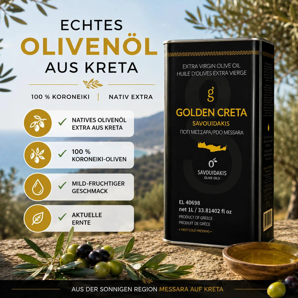 Golden Creta, natives Olivenöl extra aus Kreta 1 Liter Kanister, frische Ernte