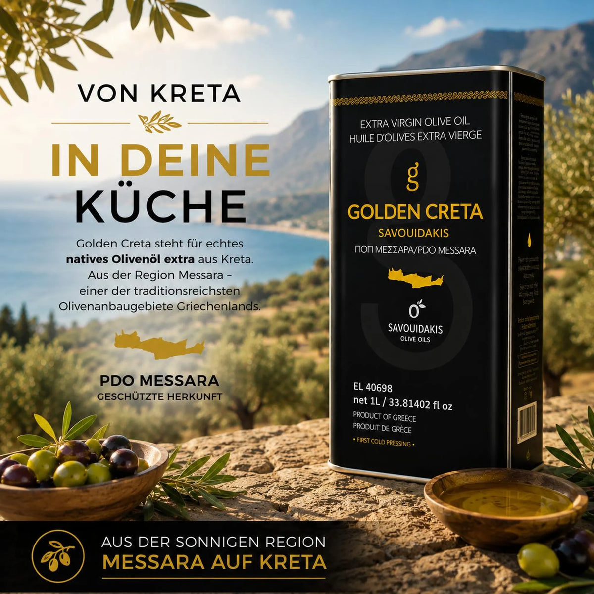 Golden Creta, natives Olivenöl extra aus Kreta 1 Liter Kanister, frische Ernte