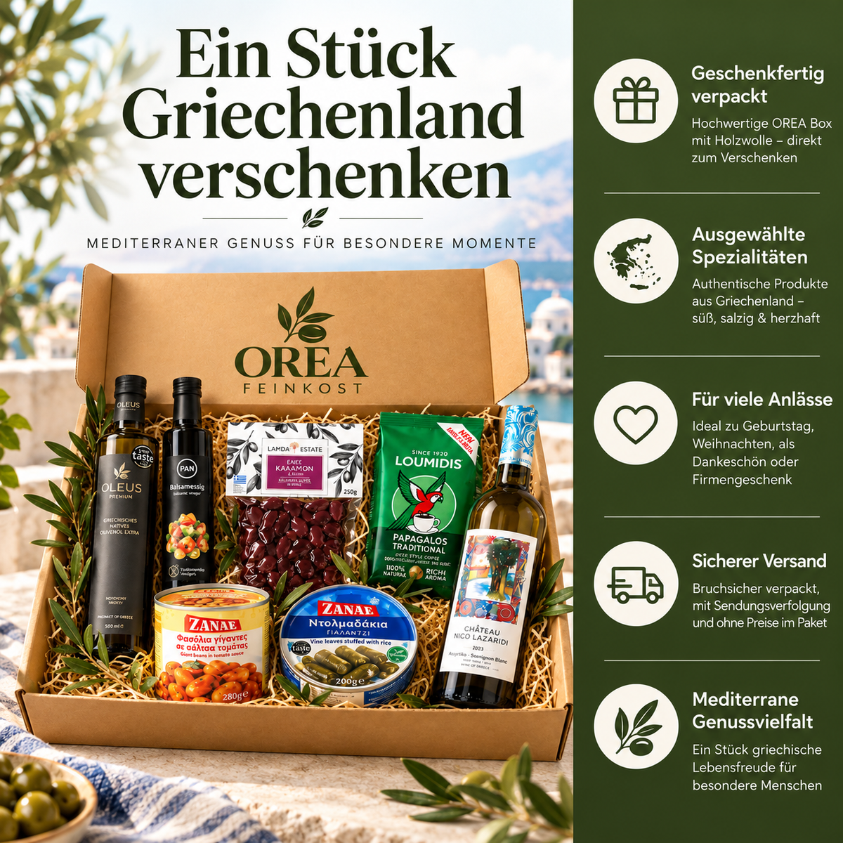 OREA Feinkost Griechische Geschenkbox mit 7 Spezialitäten – Olivenöl, Weißwein & Feinkost | Präsentkorb