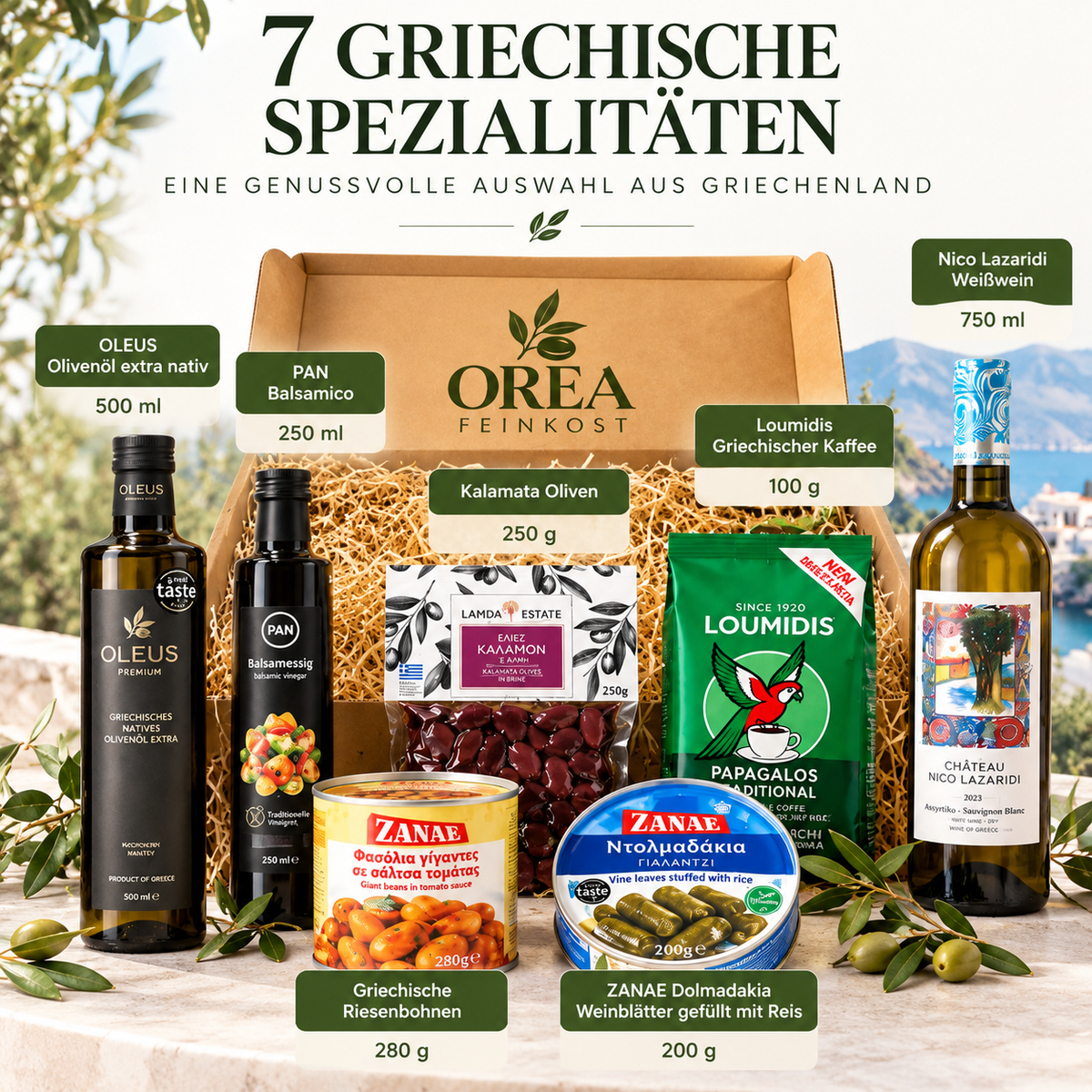OREA Feinkost Griechische Geschenkbox mit 7 Spezialitäten – Olivenöl, Weißwein & Feinkost | Präsentkorb