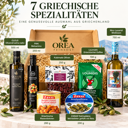 OREA Feinkost Griechische Geschenkbox mit 7 Spezialitäten – Olivenöl, Weißwein & Feinkost | Präsentkorb