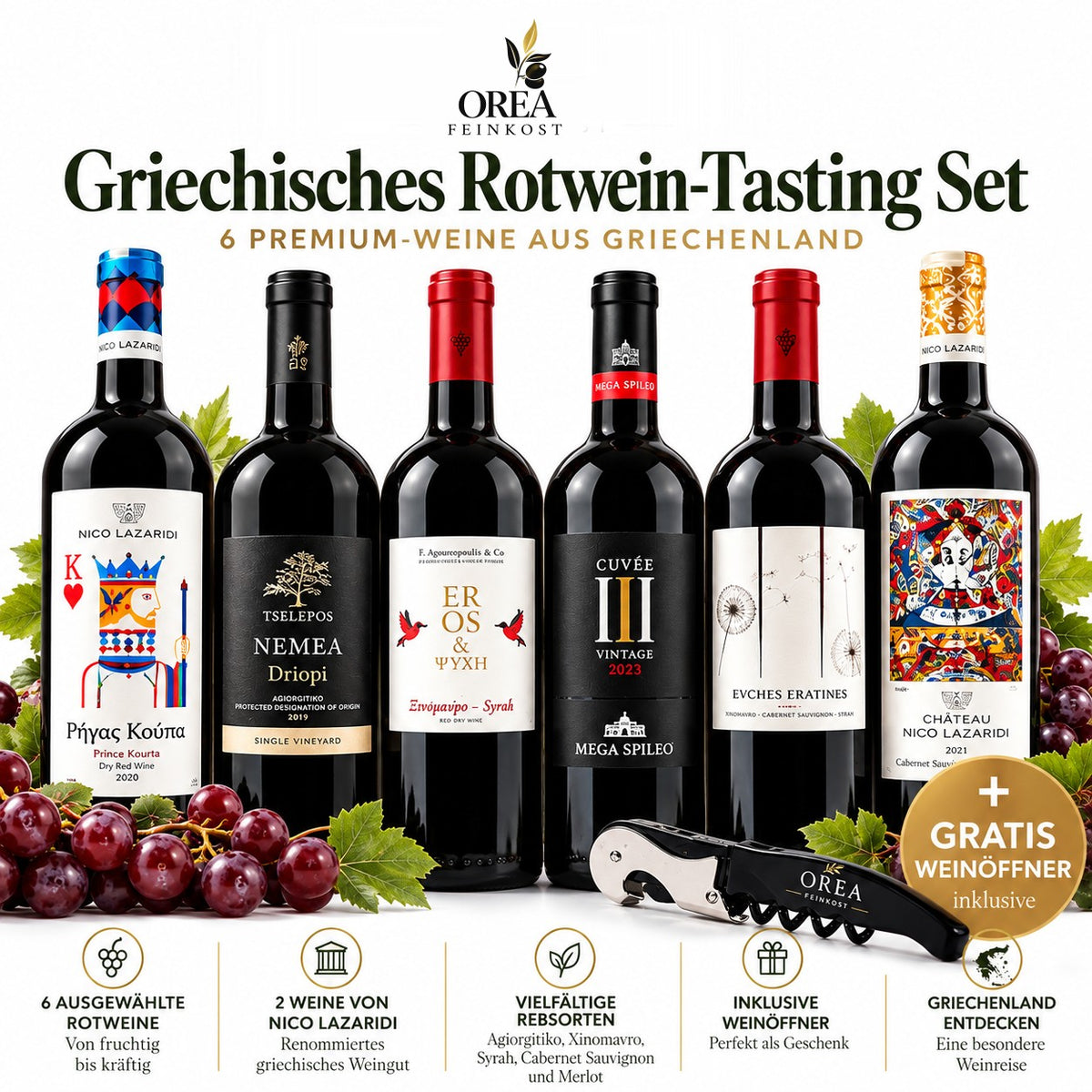 Griechisches Rotwein-Tasting Set – 6 Premium-Rotweine aus Griechenland | 6 × 750 ml mit Weinöffner