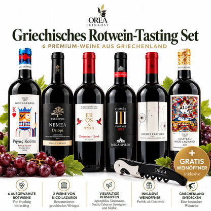 Griechisches Rotwein-Tasting Set – 6 Premium-Rotweine aus Griechenland | 6 × 750 ml mit Weinöffner