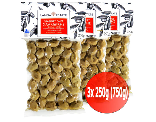 Lamda Estate - grüne griechische Oliven mit Oregano 3x250g (750g)