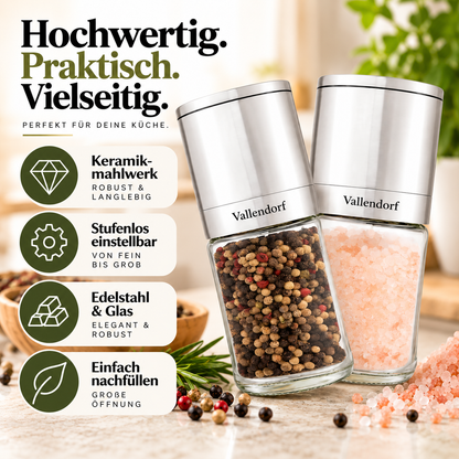 Vallendorf -Salz- & Pfeffermühle im Set – 2in1 Edelstahl Gewürzmühlen mit Keramikmahlwerk, stufenlos & nachfüllbar – Hochwertiges Geschenk