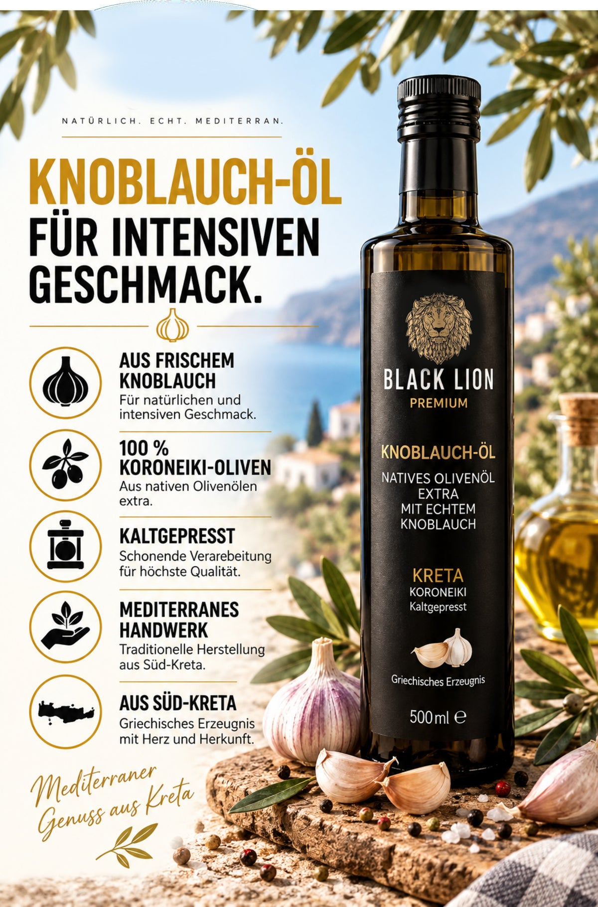 Black Lion Premium Knoblauch-Olivenöl – Natives Olivenöl Extra aus Kreta 500ml