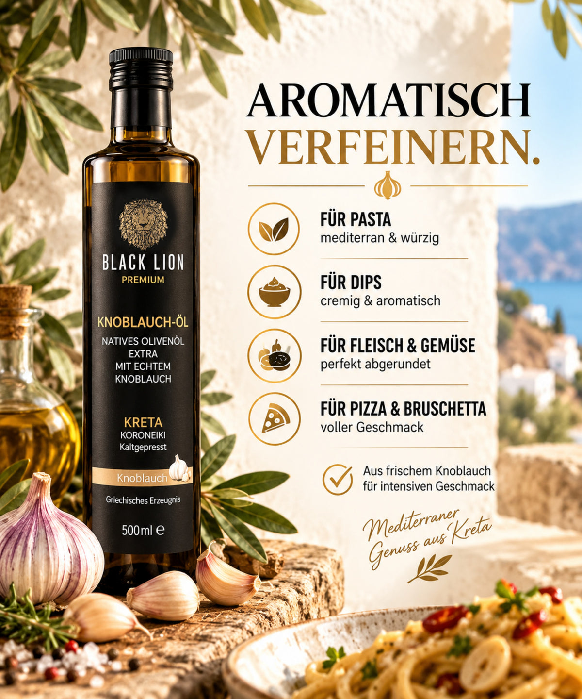 Black Lion Premium Knoblauch-Olivenöl – Natives Olivenöl Extra aus Kreta 500ml