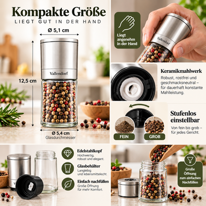 Vallendorf -Salz- & Pfeffermühle im Set – 2in1 Edelstahl Gewürzmühlen mit Keramikmahlwerk, stufenlos & nachfüllbar – Hochwertiges Geschenk