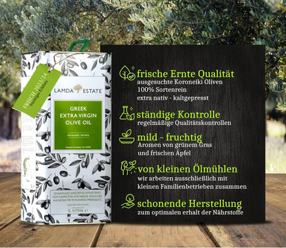 Lamda Estate griechisches extra natives Olivenöl 5 Liter + Kalamata Oliven - Limitierte Vorbestellung: Frisches Olivenöl in 3-4 Wochen geliefert