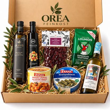 OREA Feinkost Griechische Geschenkbox mit 7 Spezialitäten – Olivenöl, Weißwein & Feinkost | Präsentkorb