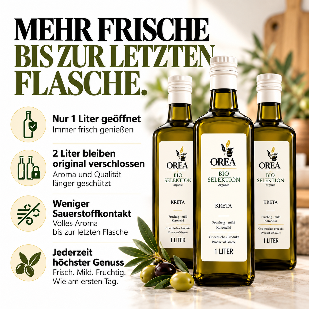 OREA Bio Olivenöl Extra Nativ aus Kreta – 3 x 1L (Ernte 2025/26) inkl. Premium Dosierflasche & Edelstahl-Ausgießer | frisch abgefüllt