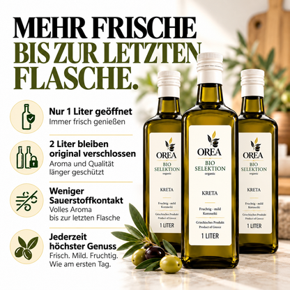 OREA Bio Olivenöl Extra Nativ aus Kreta – 3 x 1L (Ernte 2025/26) inkl. Premium Dosierflasche & Edelstahl-Ausgießer | frisch abgefüllt