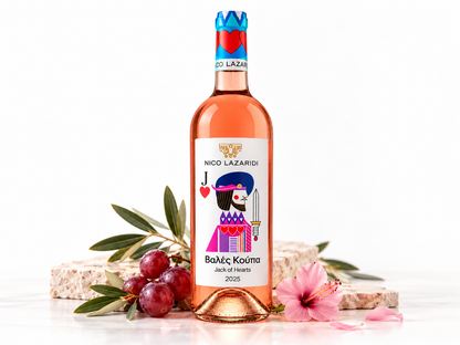 Nico Lazaridi Jack of Hearts – griechischer Roséwein 750 ml mit roten Weintrauben, rosa Blüte, Olivenzweigen und Naturstein