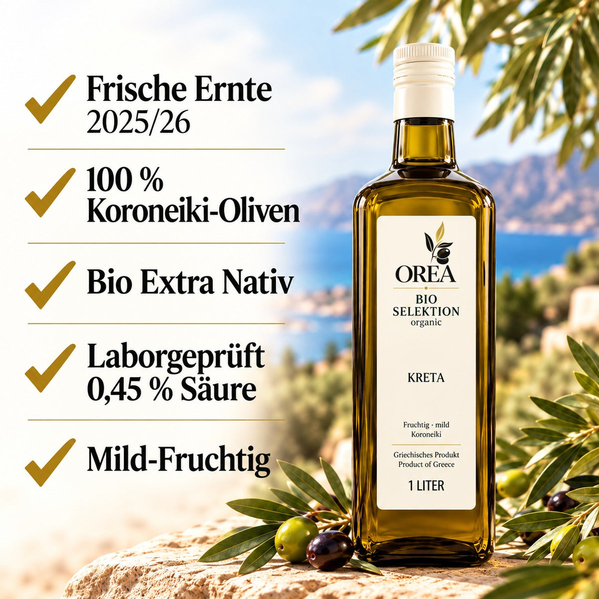 OREA Bio Olivenöl Extra Nativ aus Kreta – 3 x 1L (Ernte 2025/26) inkl. Premium Dosierflasche & Edelstahl-Ausgießer | frisch abgefüllt
