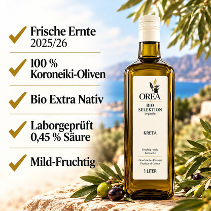 OREA Bio Olivenöl Extra Nativ aus Kreta – 3 x 1L (Ernte 2025/26) inkl. Premium Dosierflasche & Edelstahl-Ausgießer | frisch abgefüllt