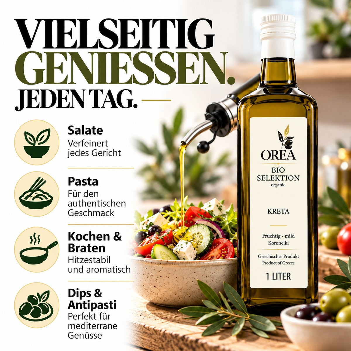 OREA Bio Olivenöl Extra Nativ aus Kreta – 3 x 1L (Ernte 2025/26) inkl. Premium Dosierflasche & Edelstahl-Ausgießer | frisch abgefüllt