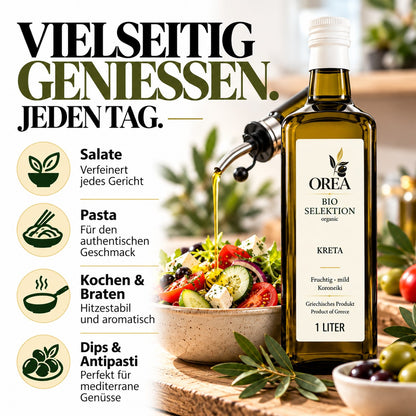 OREA Bio Olivenöl Extra Nativ aus Kreta – 3 x 1L (Ernte 2025/26) inkl. Premium Dosierflasche & Edelstahl-Ausgießer | frisch abgefüllt
