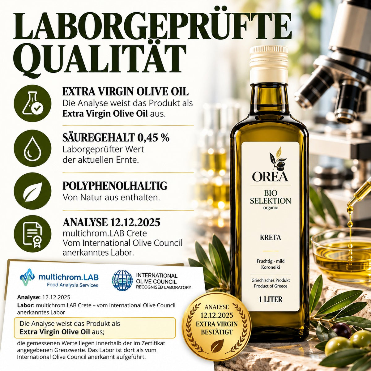 OREA Bio Olivenöl Extra Nativ aus Kreta – 3 x 1L (Ernte 2025/26) inkl. Premium Dosierflasche & Edelstahl-Ausgießer | frisch abgefüllt