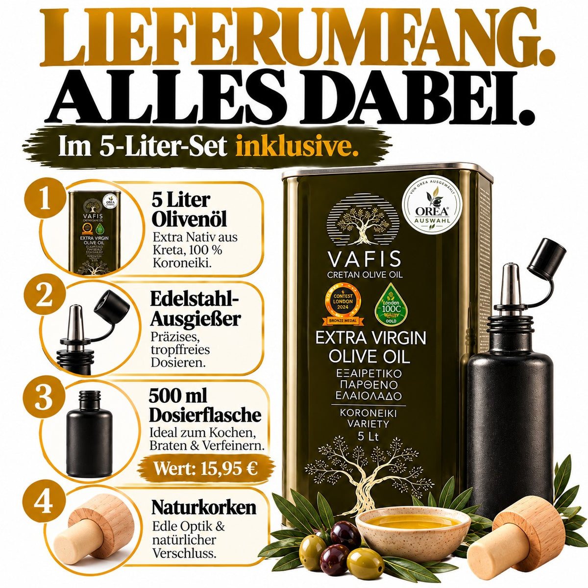 OREA Auswahl – 5L Extra Natives Olivenöl aus Kreta inkl. Premium-Dosierflasche | Ernte 2025/26
