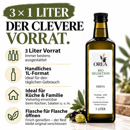 OREA Bio Olivenöl Extra Nativ aus Kreta – 3×1L (Ernte 2025/26) inkl. dunklem Balsamico Essig