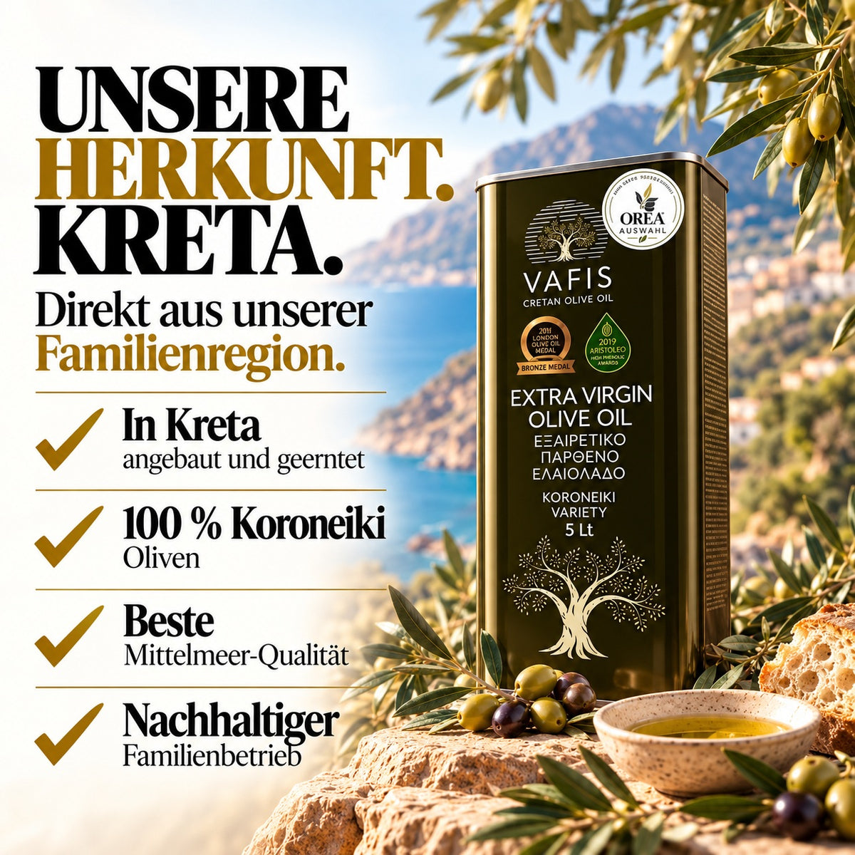 OREA Auswahl – Griechisches Olivenöl 5L – Dellenkanister / 2. Wahl – Extra Nativ | VAFIS