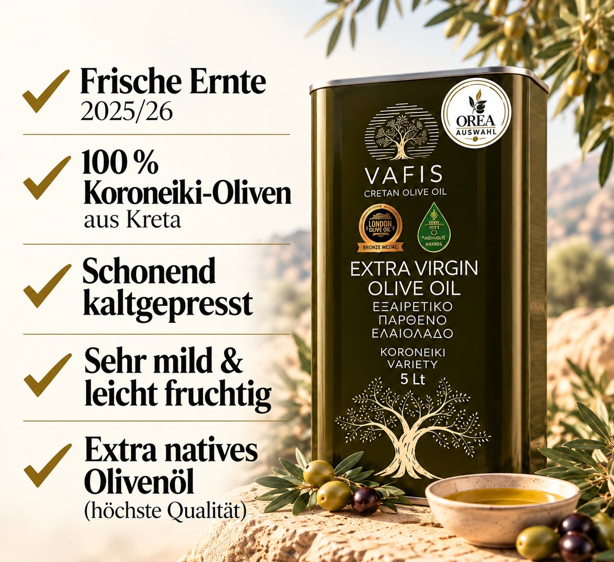 OREA Auswahl – Griechisches Olivenöl 5L – Dellenkanister / 2. Wahl – Extra Nativ | VAFIS