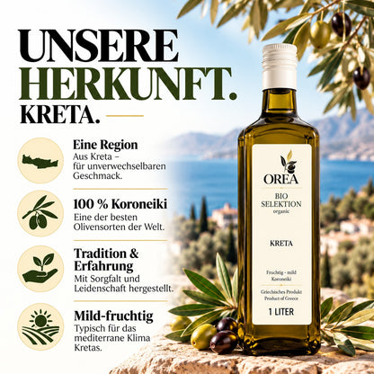 OREA Bio Olivenöl Extra Nativ aus Kreta – 3 x 1L (Ernte 2025/26) inkl. Premium Dosierflasche & Edelstahl-Ausgießer | frisch abgefüllt