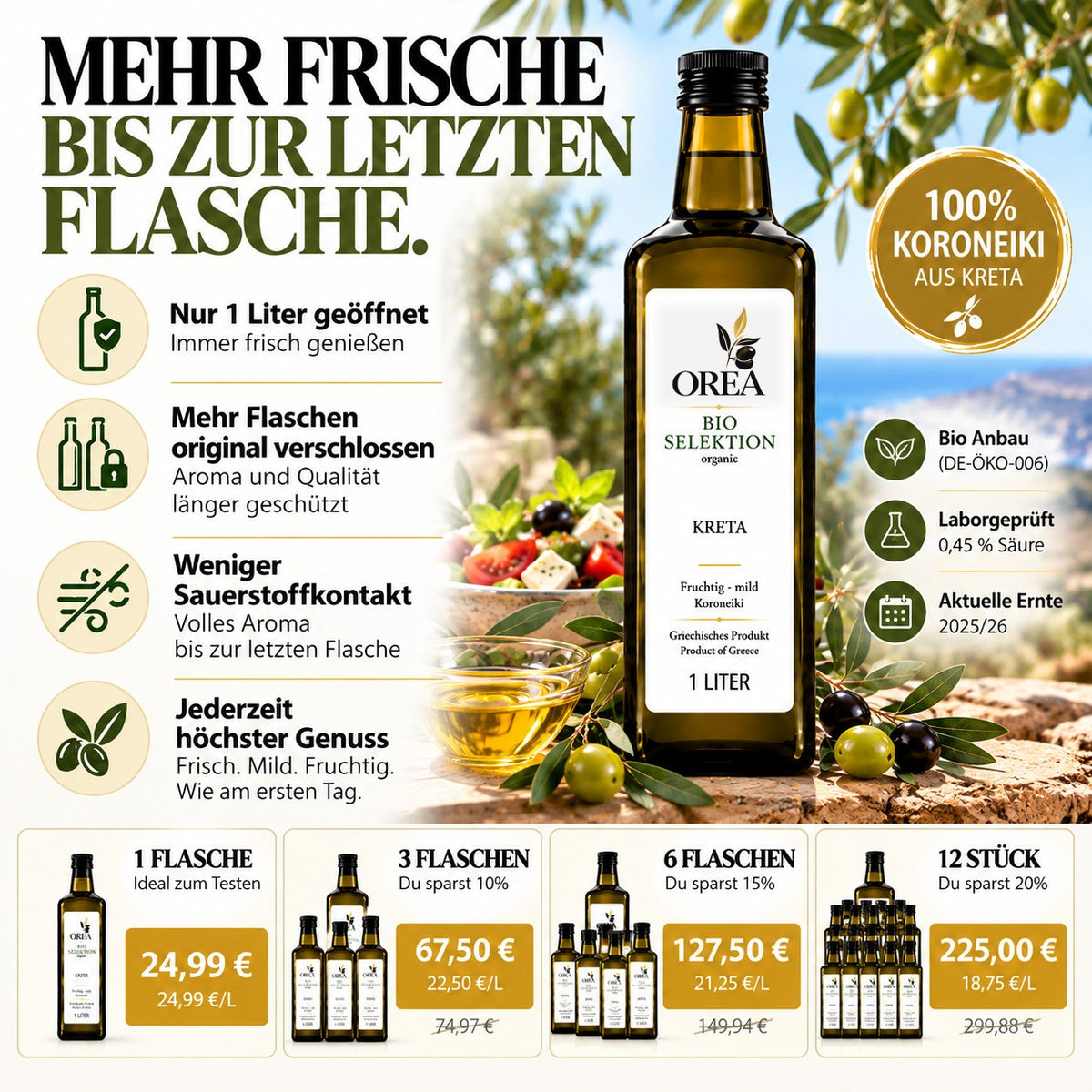 OREA Bio Olivenöl Extra Nativ aus Kreta – 1L Koroneiki (Ernte 2025/26) | Frisch abgefüllt