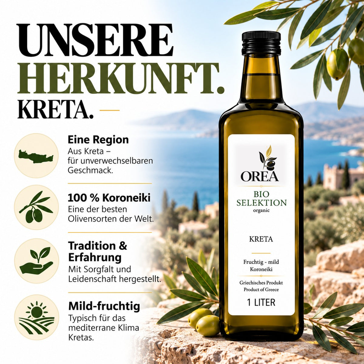 OREA Bio Olivenöl Extra Nativ aus Kreta – 1L Koroneiki (Ernte 2025/26) | Frisch abgefüllt