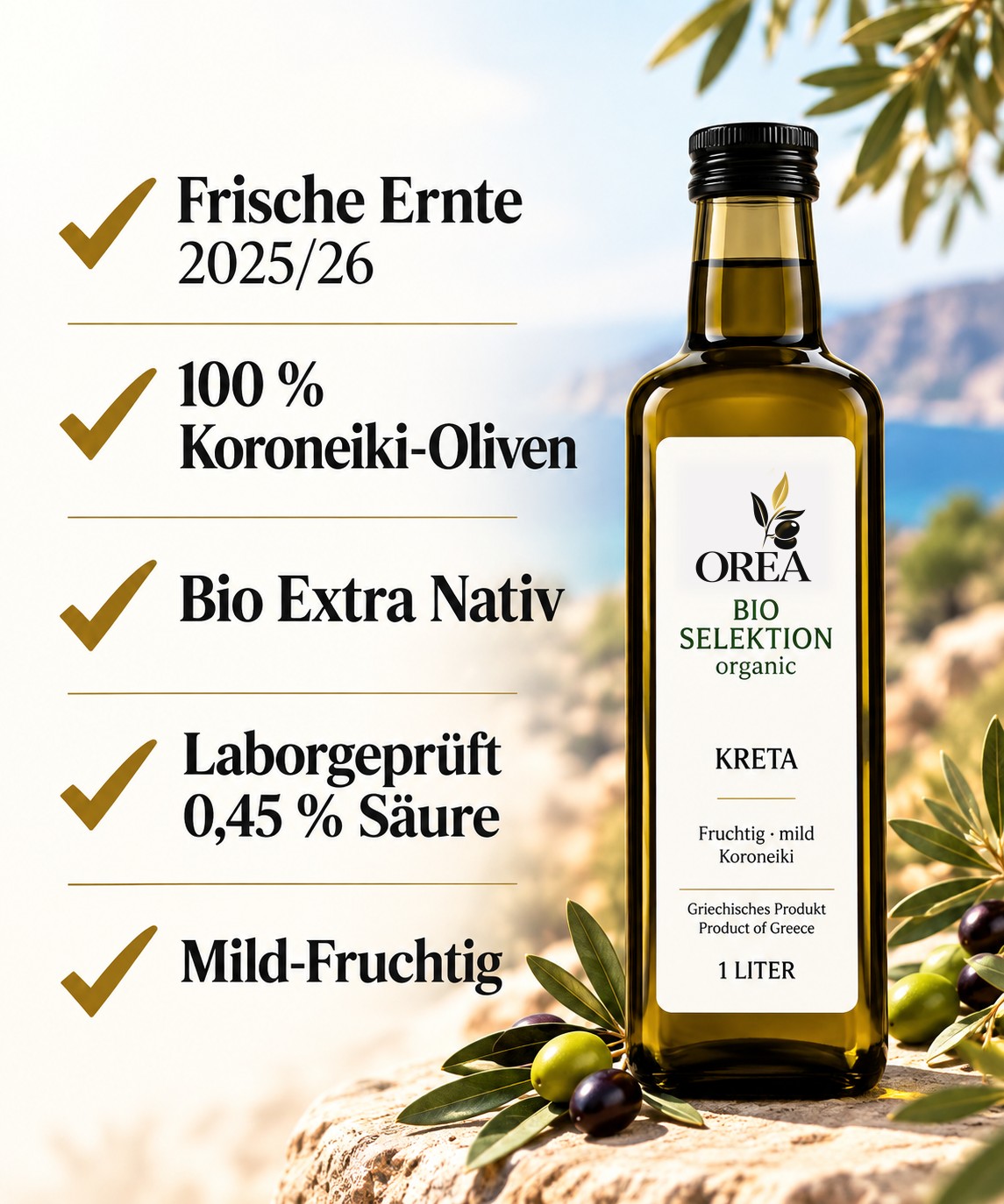 OREA Bio Olivenöl Extra Nativ aus Kreta – 1L Koroneiki (Ernte 2025/26) | Frisch abgefüllt