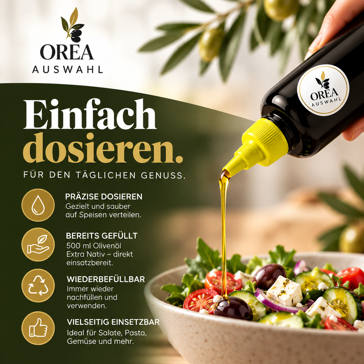 OREA DAILY Olivenöl – Mild-fruchtiges Olivenöl aus Kreta Extra Nativ in Squeeze Flasche 500ml